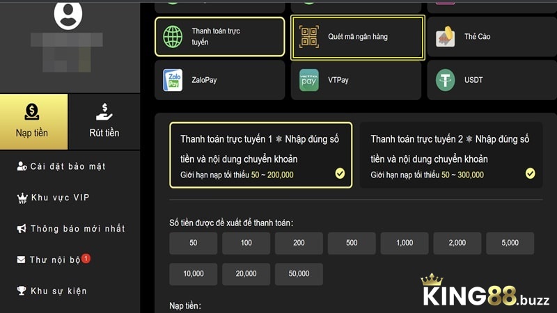 Nạp tiền King88 bằng thanh toán trực tuyến, quét mã ngân hàng sẽ tương tự nhau